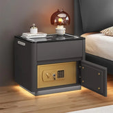 Modern black nightstand with glass top, LED lighting, built-in gold safe, and decorative lamp
