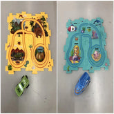 Two colorful puzzle play mats with vehicle and boat toys, dinosaur and ocean themes.