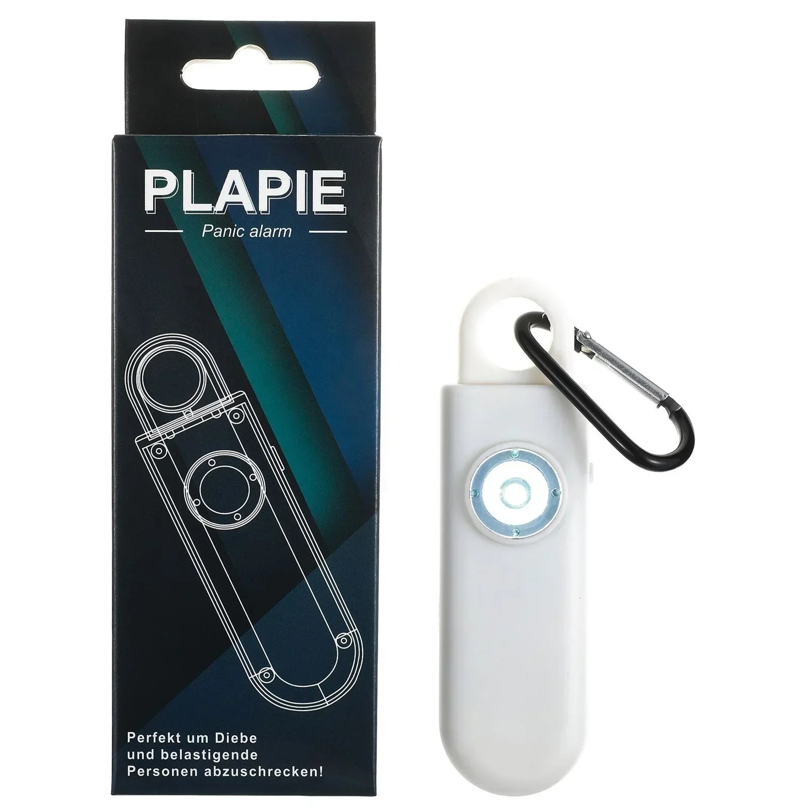 White portable panic alarm device with LED light, carabiner clip, and product packaging
