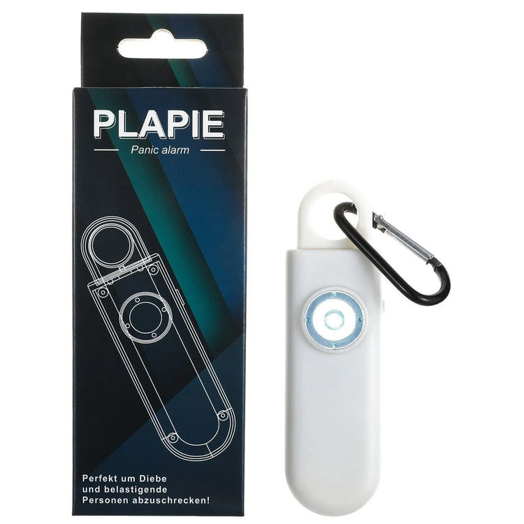 White portable panic alarm device with LED light, carabiner clip, and product packaging