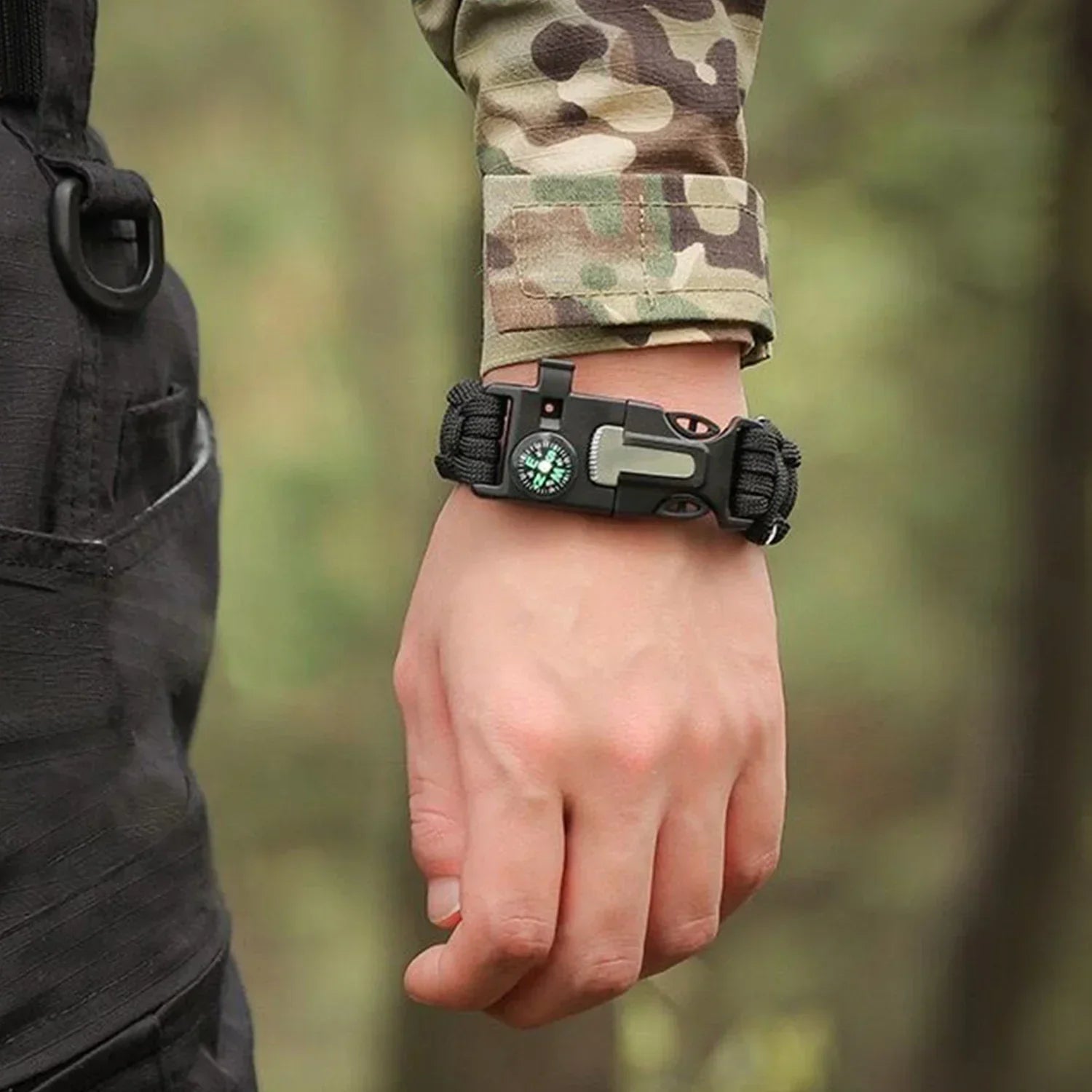 Camouflage long sleeve shirt with black paracord survival bracelet, outdoor fit