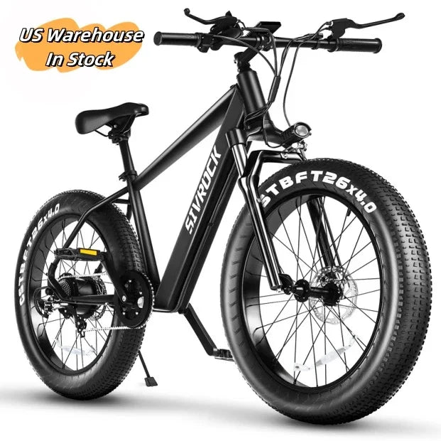 Matte black fat tire electric bike with thick 26x4.0 tires, sleek frame, and upright handlebars.