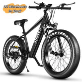 Matte black fat tire electric bike with thick 26x4.0 tires, sleek frame, and upright handlebars.