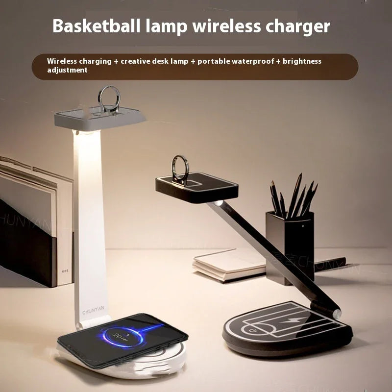 Modern desk lamps with adjustable arms, wireless charging base, black and white, tech accessory