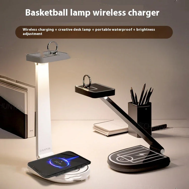 Modern desk lamps with adjustable arms, wireless charging base, black and white, tech accessory