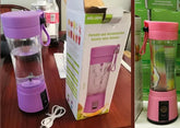 Portable pink and purple battery-powered juice blenders with clear plastic bodies and wrist straps