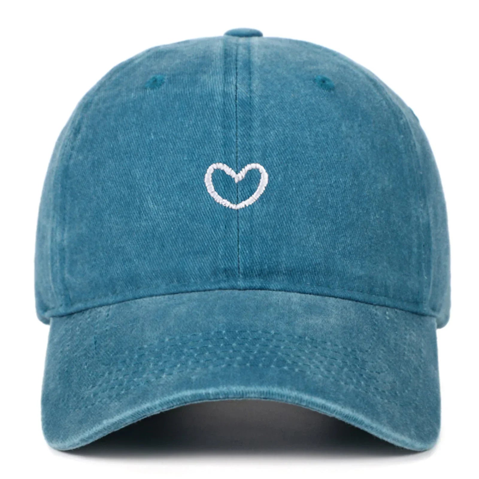 Blue washed cotton baseball cap with white embroidered heart, casual adjustable fit