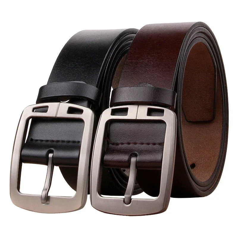 Black and brown genuine leather belts with silver metal buckles, classic fit, minimalist style