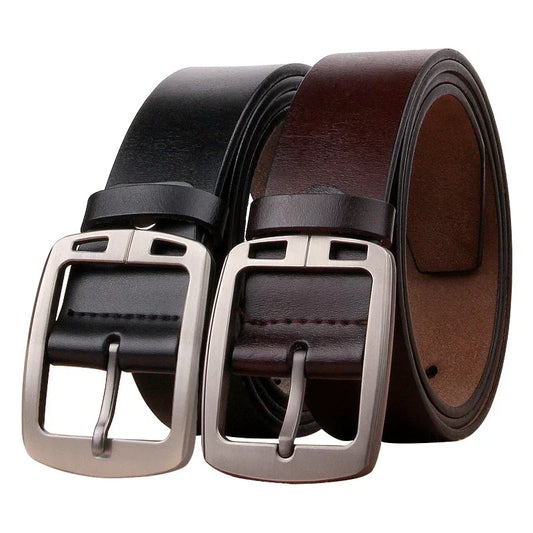 Black and brown genuine leather belts with silver metal buckles, classic fit, minimalist style