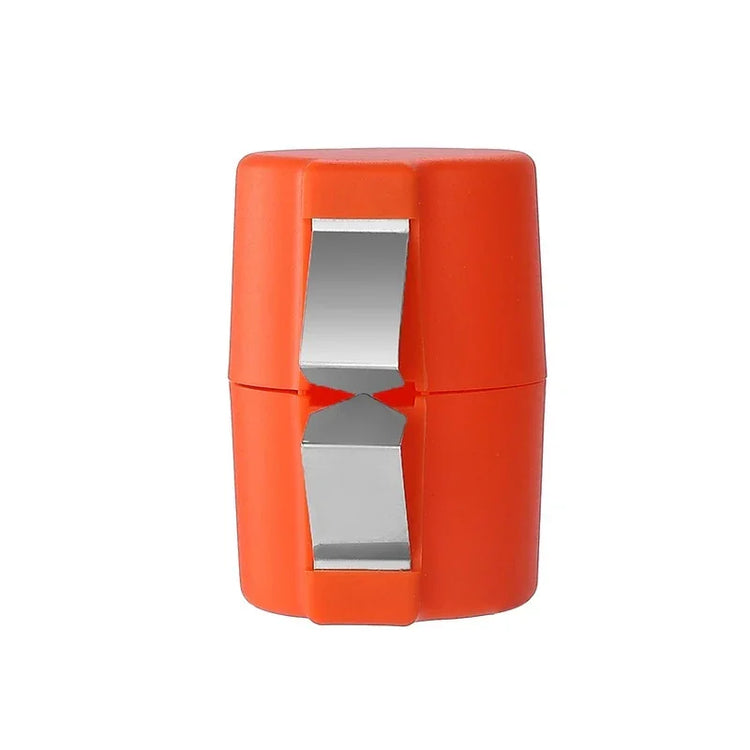 Compact orange plastic knife sharpener with exposed metal blades, modern design