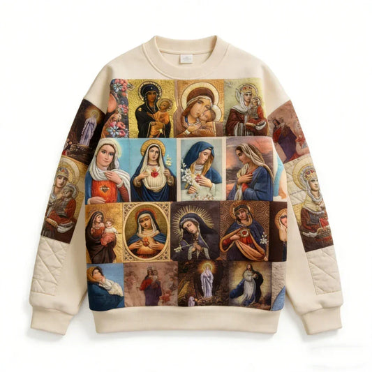 Cream crewneck sweatshirt with multicolor religious portrait collage print, relaxed fit, cotton blend
