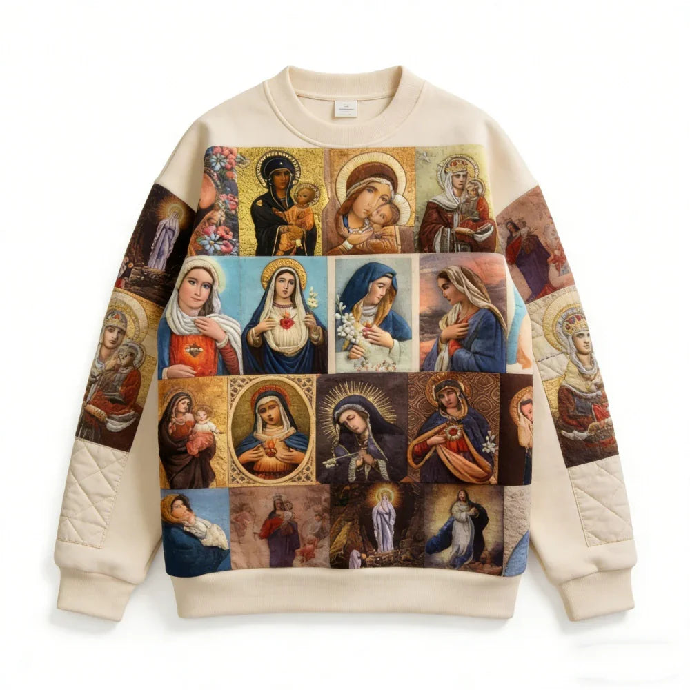 Oversized beige crewneck sweatshirt with multicolor religious icon graphic print, cotton blend