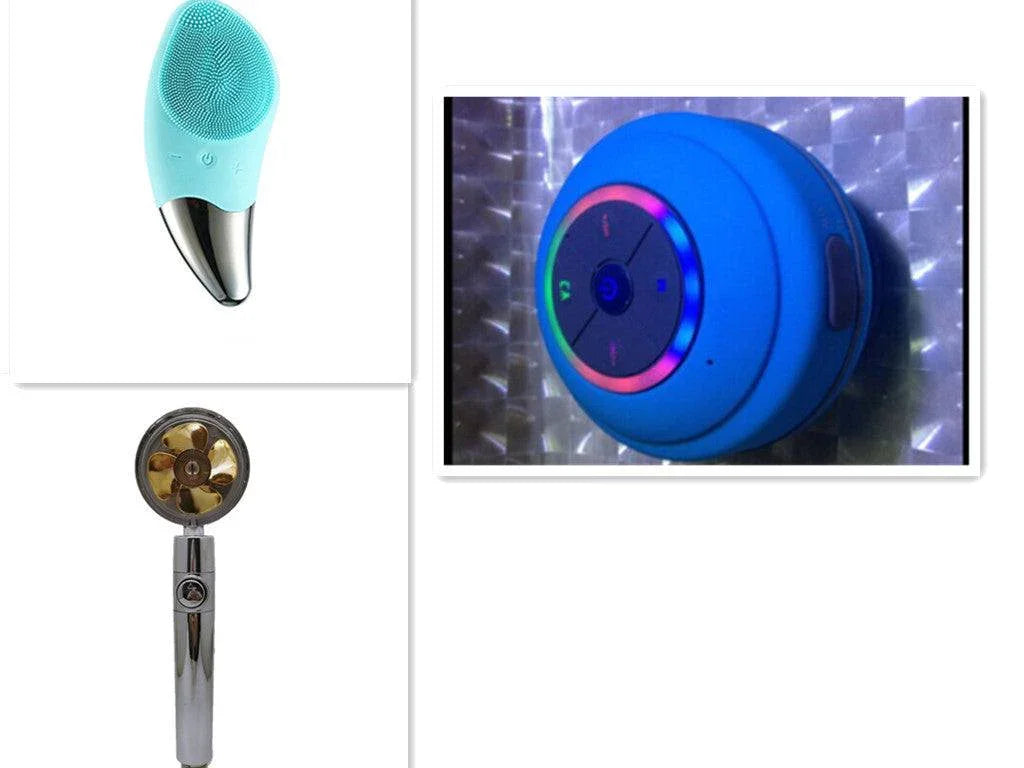 Collage of blue silicone facial cleansing brush, blue waterproof Bluetooth speaker with LED lights, and chrome handheld shower head with turbine design, all featuring modern tech aesthetics.