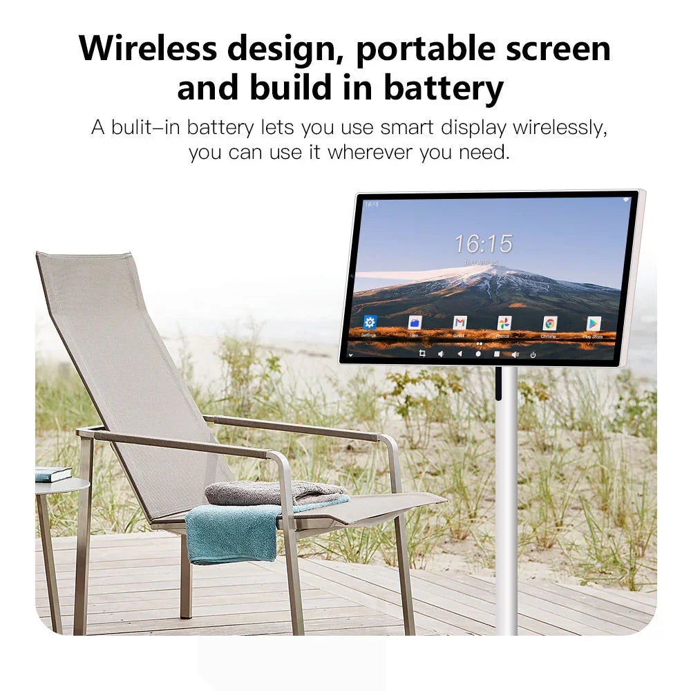 Light gray mesh outdoor lounge chair with metal frame, minimalist design, on a wooden deck
