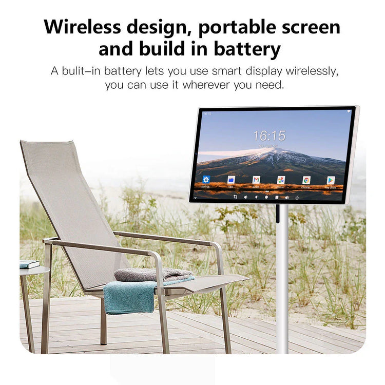 Light gray mesh outdoor lounge chair with metal frame, minimalist design, on a wooden deck
