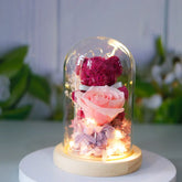 Pink preserved rose and floral arrangement with decorative bear in glass dome, LED lights, wooden base
