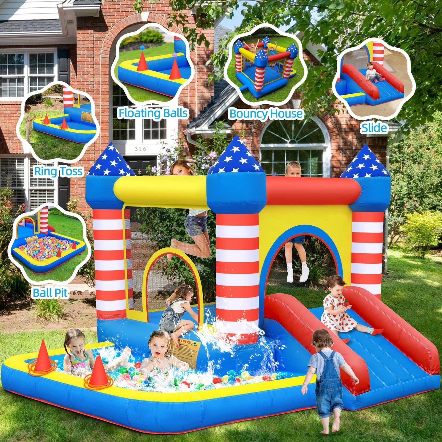Inflatable bouncy house with red, yellow, and blue colors, featuring a slide, ball pit, and children playing outside.