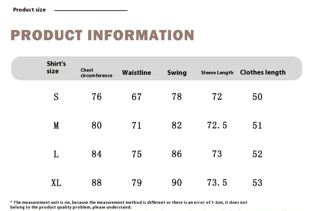 Shirt size chart with chest, waist, swing, sleeve length, and clothes length in cm.