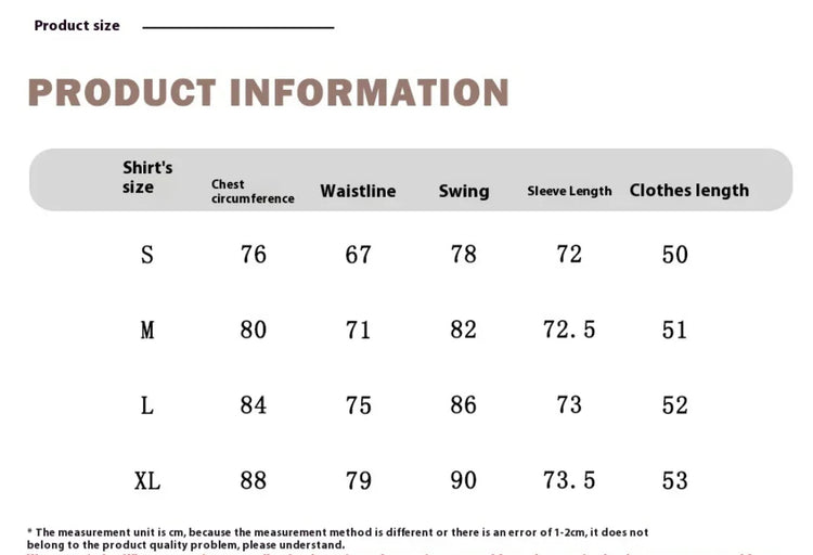 Shirt size chart with chest, waist, swing, sleeve length, and clothes length in cm.