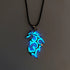 Glowing blue dragon pendant necklace with black cord, metallic finish, tribal design