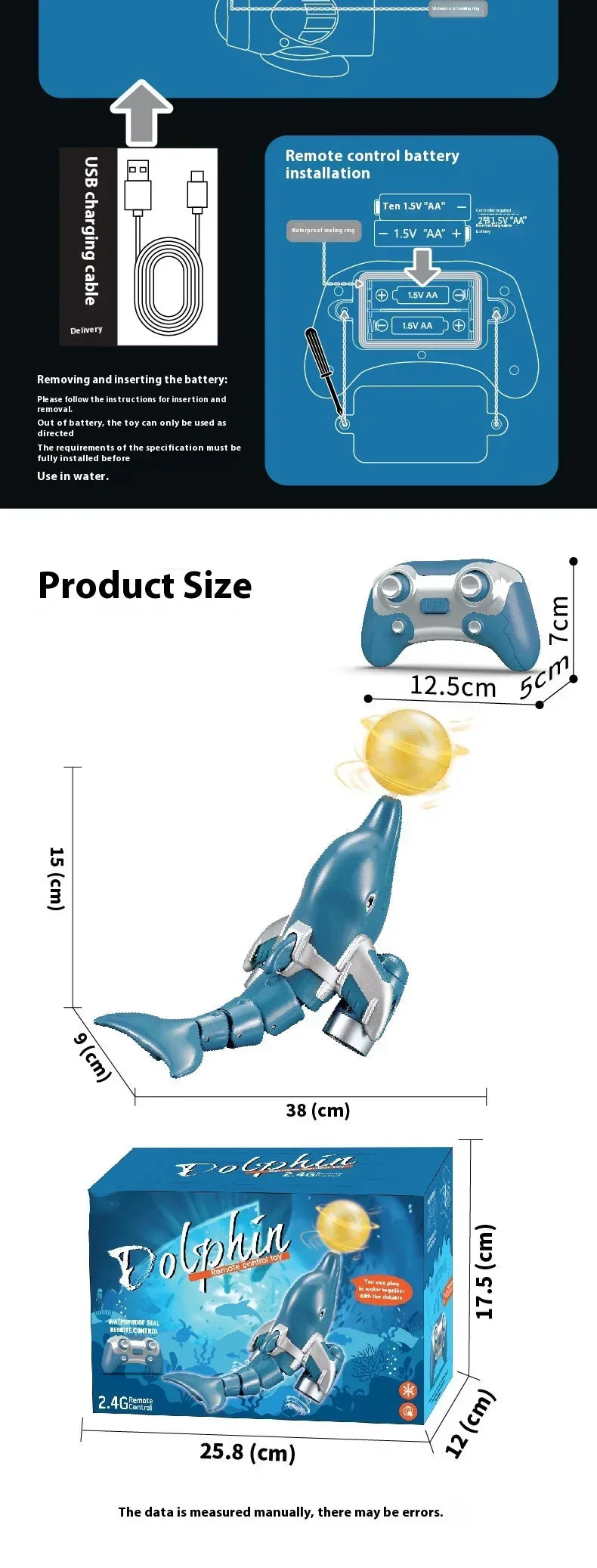Blue and silver remote control dolphin toy with waterproof design, USB charging cable, and size measurements shown.