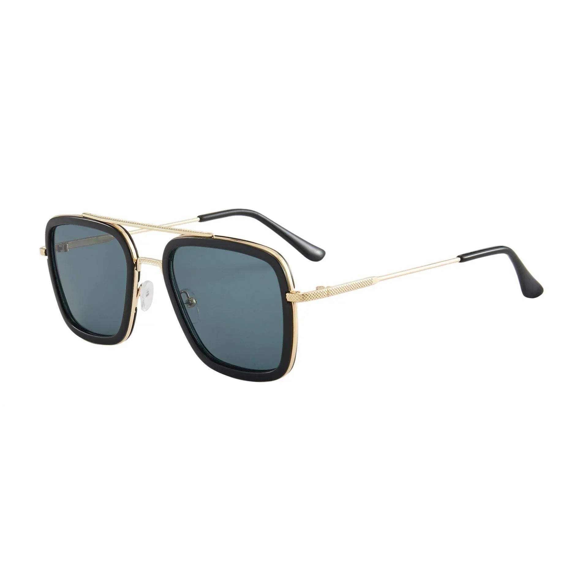 Square aviator sunglasses with gold metal frame, black accents, and dark tinted lenses