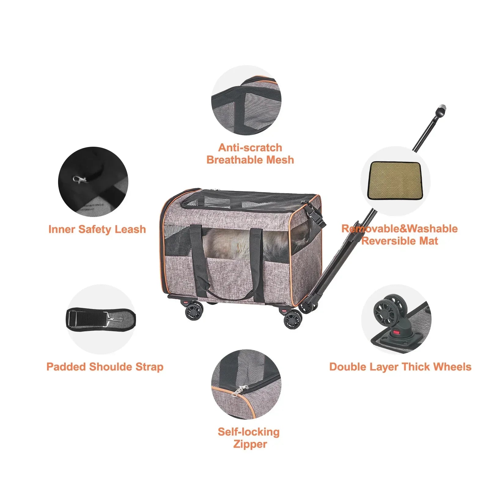Gray rolling pet carrier with mesh panels, self-locking zipper, padded strap, and thick wheels.