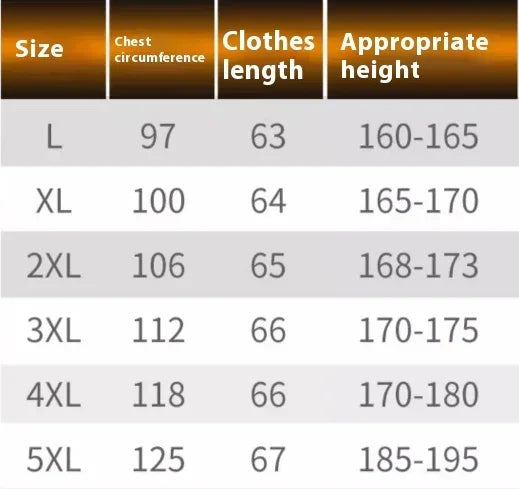 Unisex streetwear size chart showing chest circumference, clothing length, and height range for sizes L to 5XL.