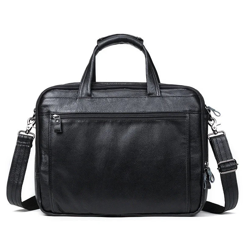 Black leather messenger bag with zippered pockets, detachable shoulder strap, and top handles