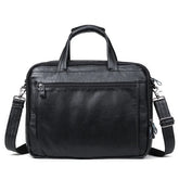 Black leather messenger bag with zippered pockets, detachable shoulder strap, and top handles