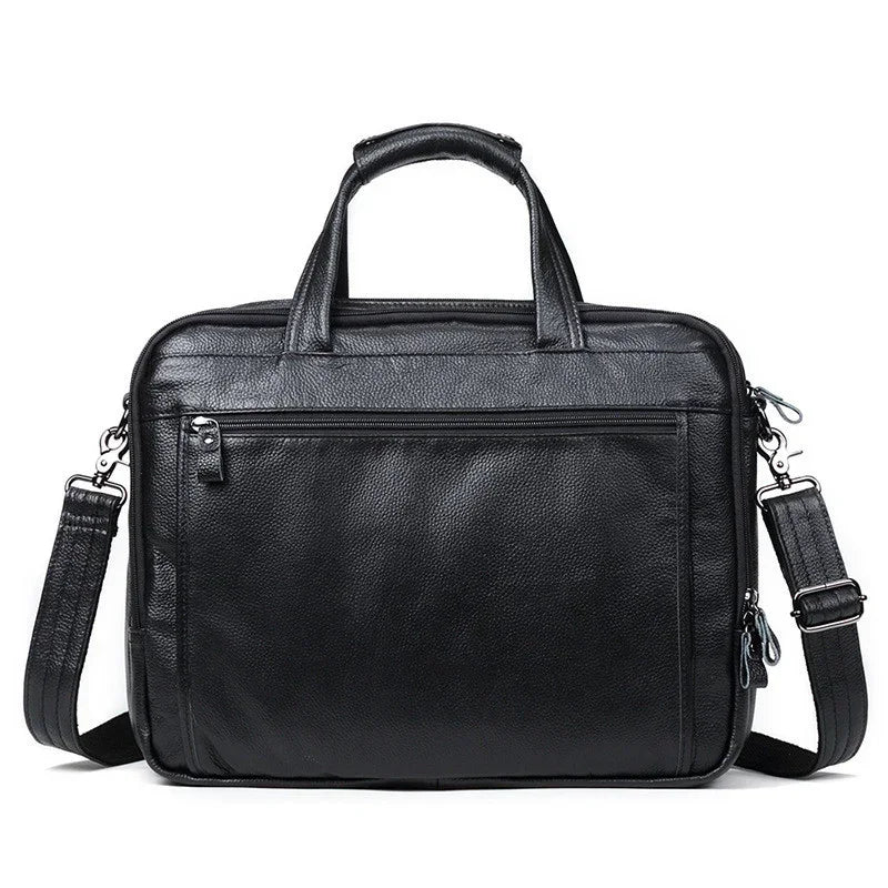 Black leather messenger bag with zippered pockets, detachable shoulder strap, and top handles