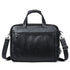 Black leather messenger bag with zippered pockets, detachable shoulder strap, and top handles