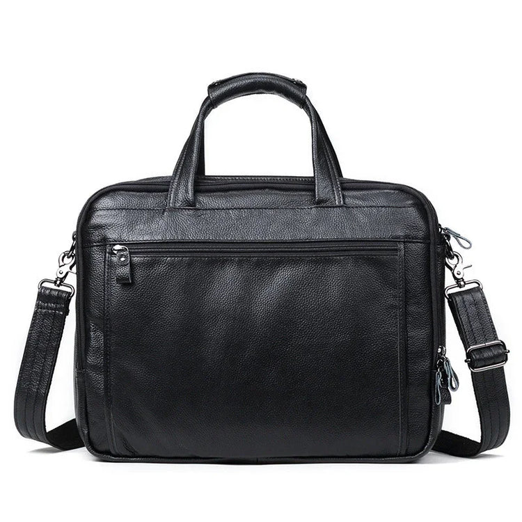 Black leather messenger bag with zippered pockets, detachable shoulder strap, and top handles