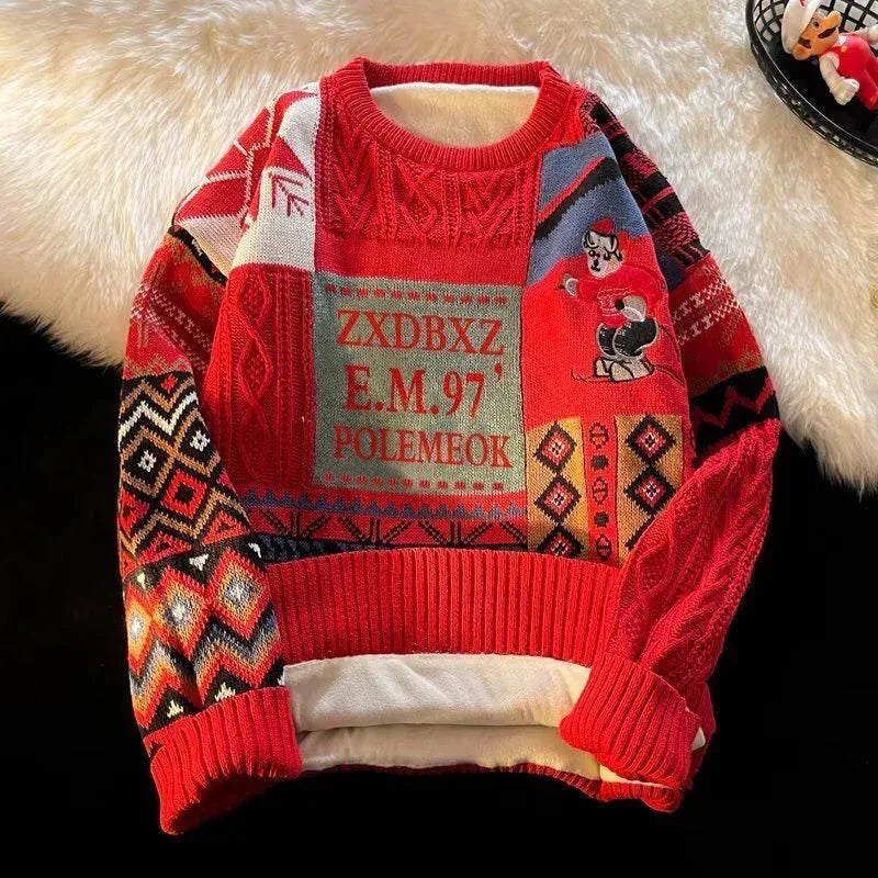 Colorful patchwork knit sweater with red geometric patterns, cartoon detail, relaxed fit