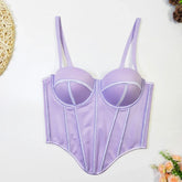 Lilac satin corset top with structured boning, adjustable straps, and fitted silhouette