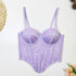 Lilac satin corset top with structured boning, adjustable straps, and fitted silhouette
