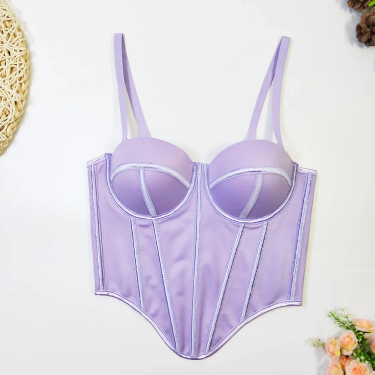 Lilac satin corset top with structured boning, adjustable straps, and fitted silhouette