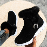 Black faux fur suede ankle boots with white rubber soles and side buckle, casual fit