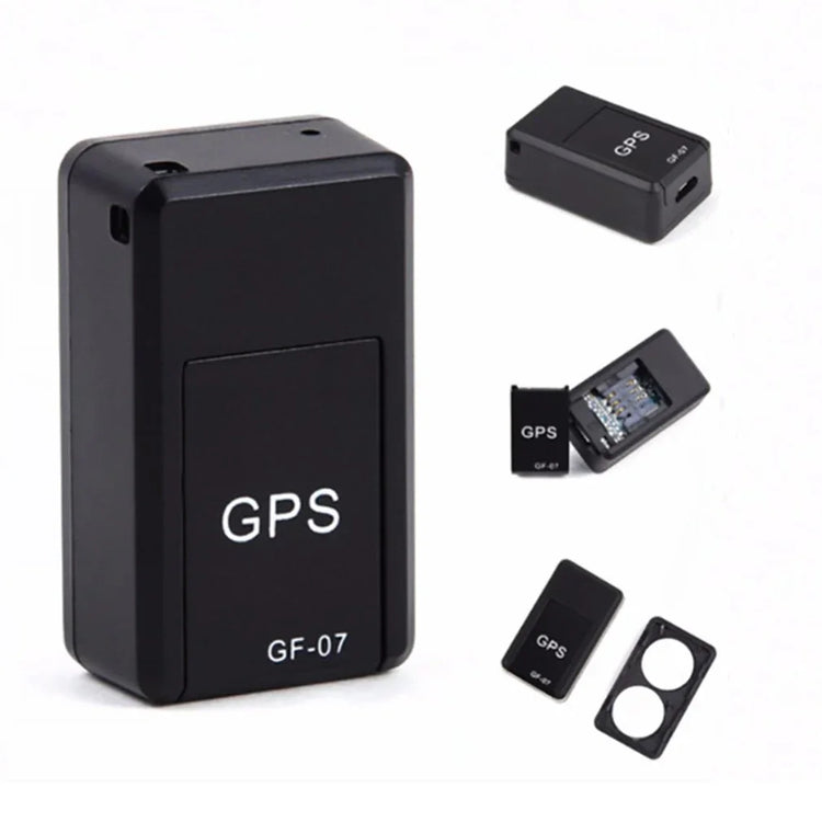 Black compact GPS tracker device with rectangular shape and visible internal circuit.