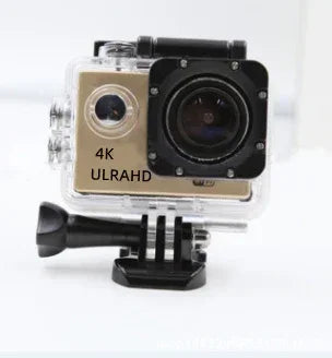 4K ultra HD action camera in transparent waterproof case, black and gold, mounted base