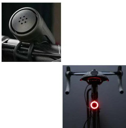 Black bike handlebar speaker and rear LED light, mounted on modern bicycle.