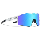Futuristic streetwear sunglasses with blue mirrored lens and white marbled frame