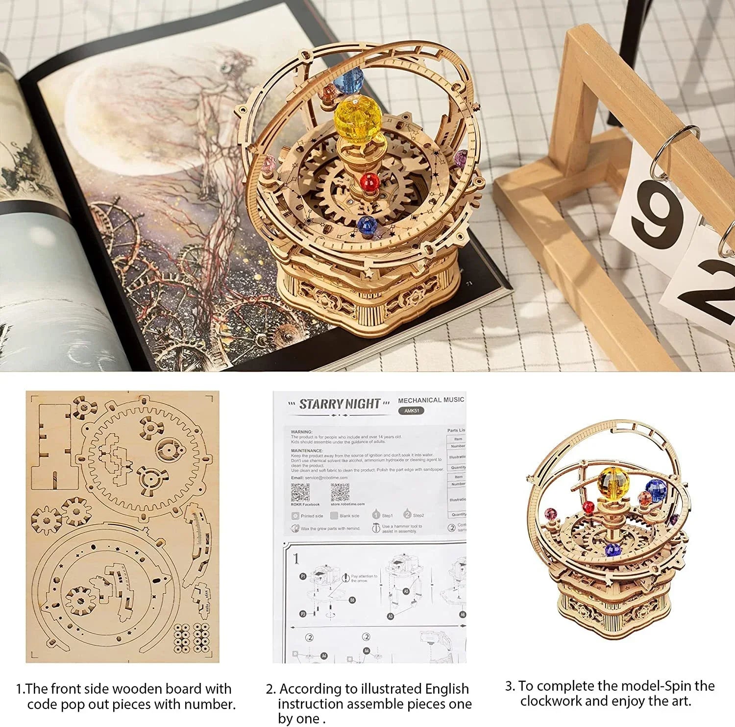 Wooden mechanical model kit with gears and orbits, colorful beads, DIY assembly instructions shown.