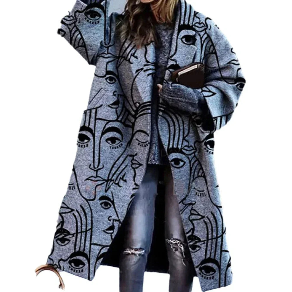Oversized gray wool coat with abstract face print, loose fit, paired with ripped jeans