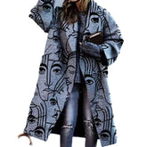 Oversized gray wool coat with abstract face print, loose fit, paired with ripped jeans