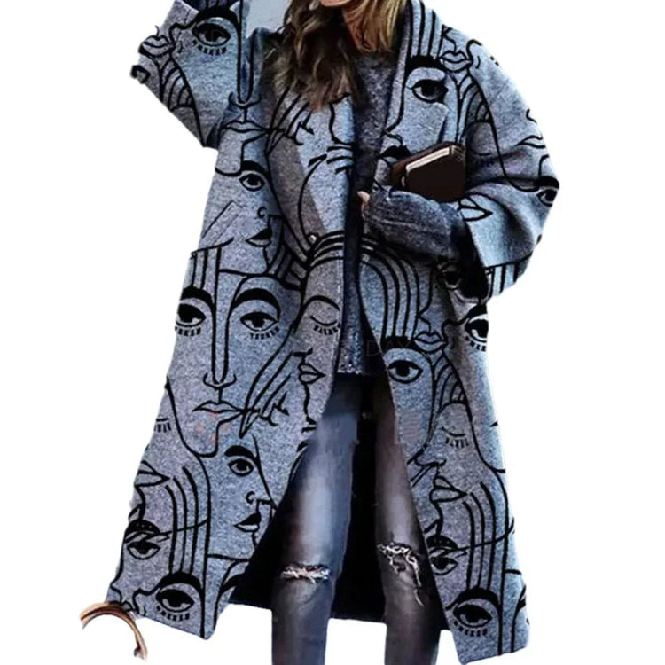 Oversized gray wool coat with abstract face print, loose fit, paired with ripped jeans