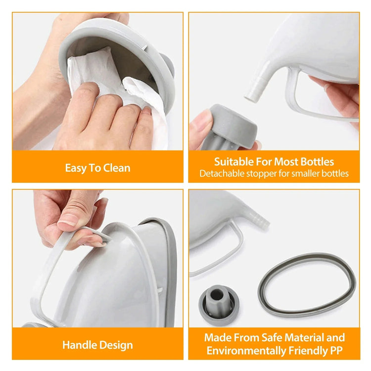 Gray portable funnel with handle, detachable stopper, and eco-friendly material, easy to clean.