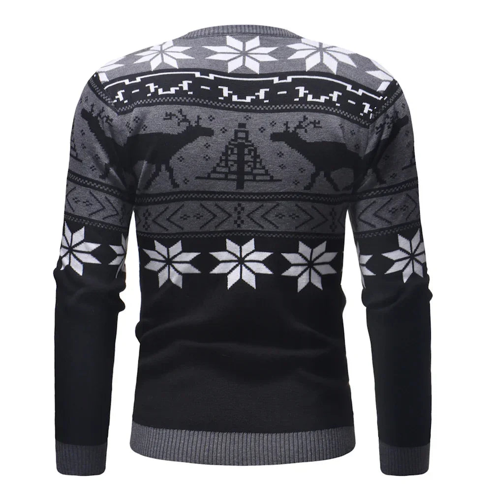 Black and grey knit sweater with snowflake and reindeer pattern, fitted long sleeves.