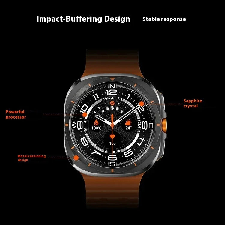 Futuristic smart watch with black dial, brown strap, sapphire crystal, and impact-buffering metal design.