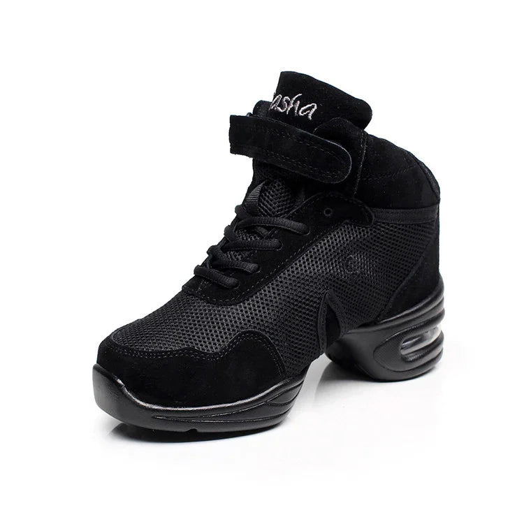 Black mesh high-top sneaker with suede panels, lace-up front, velcro strap, and chunky sole